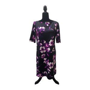 Metaphor Black Sheath Dress with Purple Flowers, Size 14, Pre-Owned